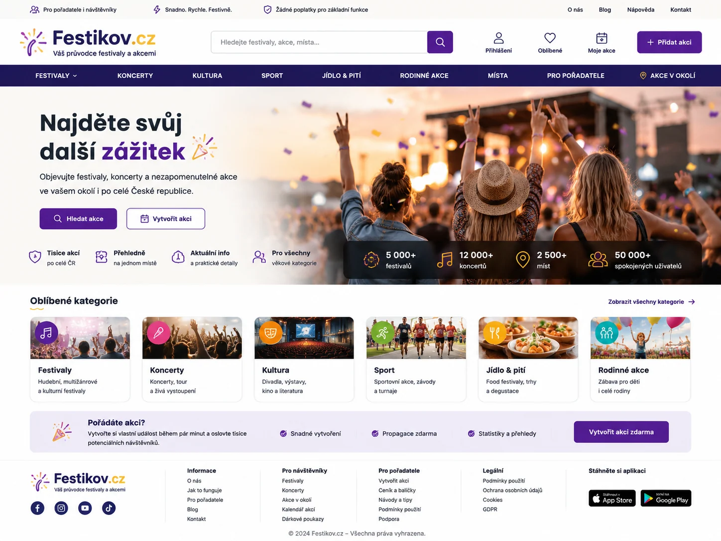 Ilustrační návrh festivalového webu Festikov.cz s fialovou navigací a publikem